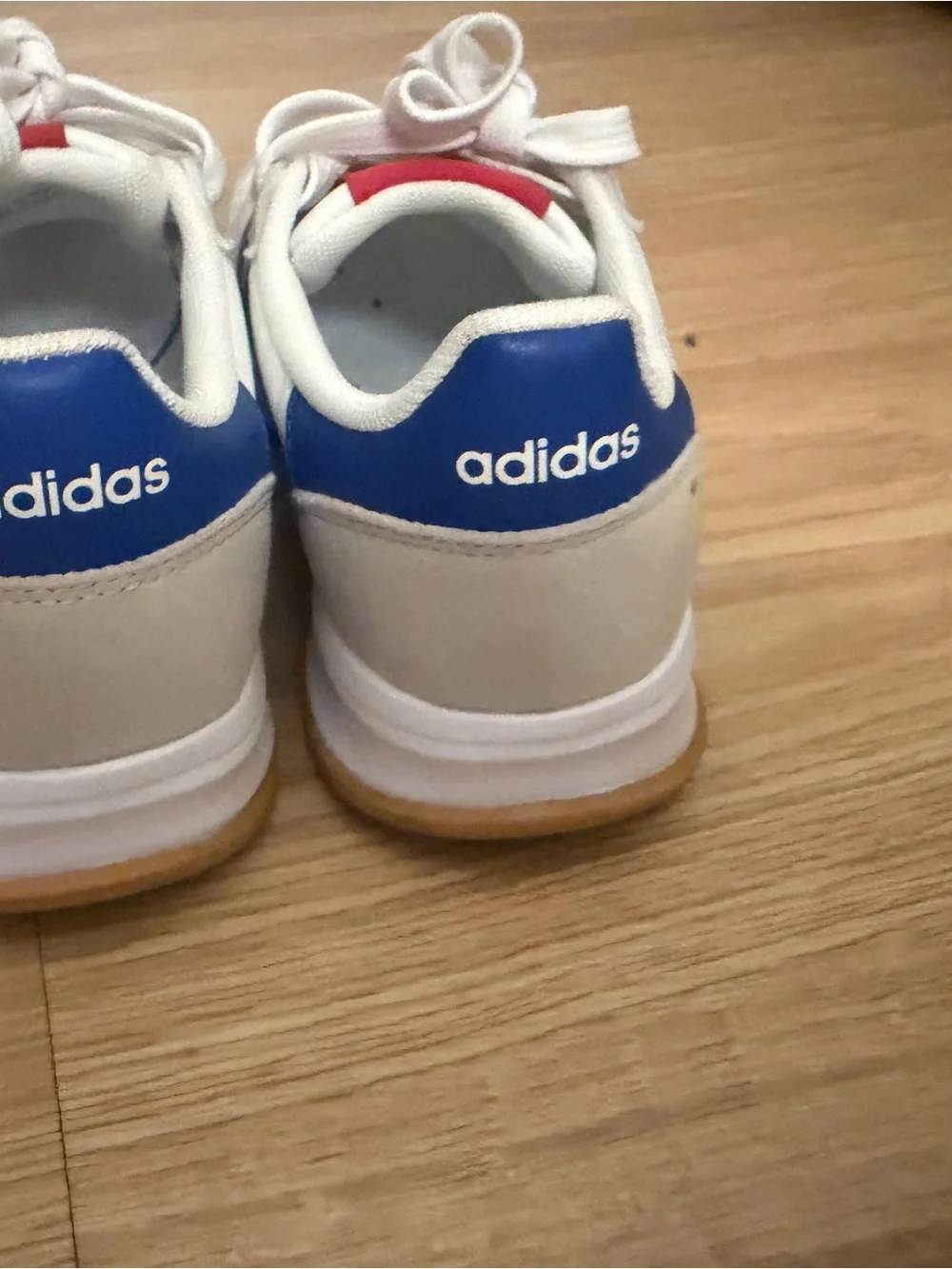 adidas White Sneakers with Red & Blue Stripes